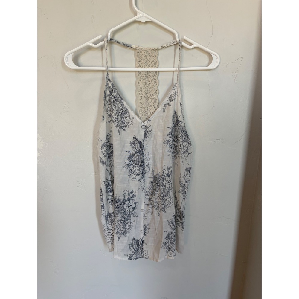 Floral Lace Racerback Button Front Camisole Tank Top Navy White EM5979